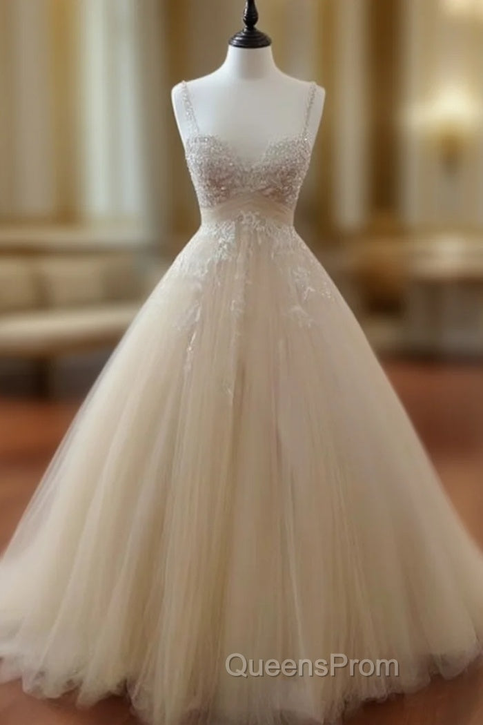 Champagne Tulle Lace Long Evening Prom Dress, Lace Wedding Dress Main image