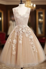 Champagne Tulle Lace Short Evening Prom Dress, Cute Homecoming Dress