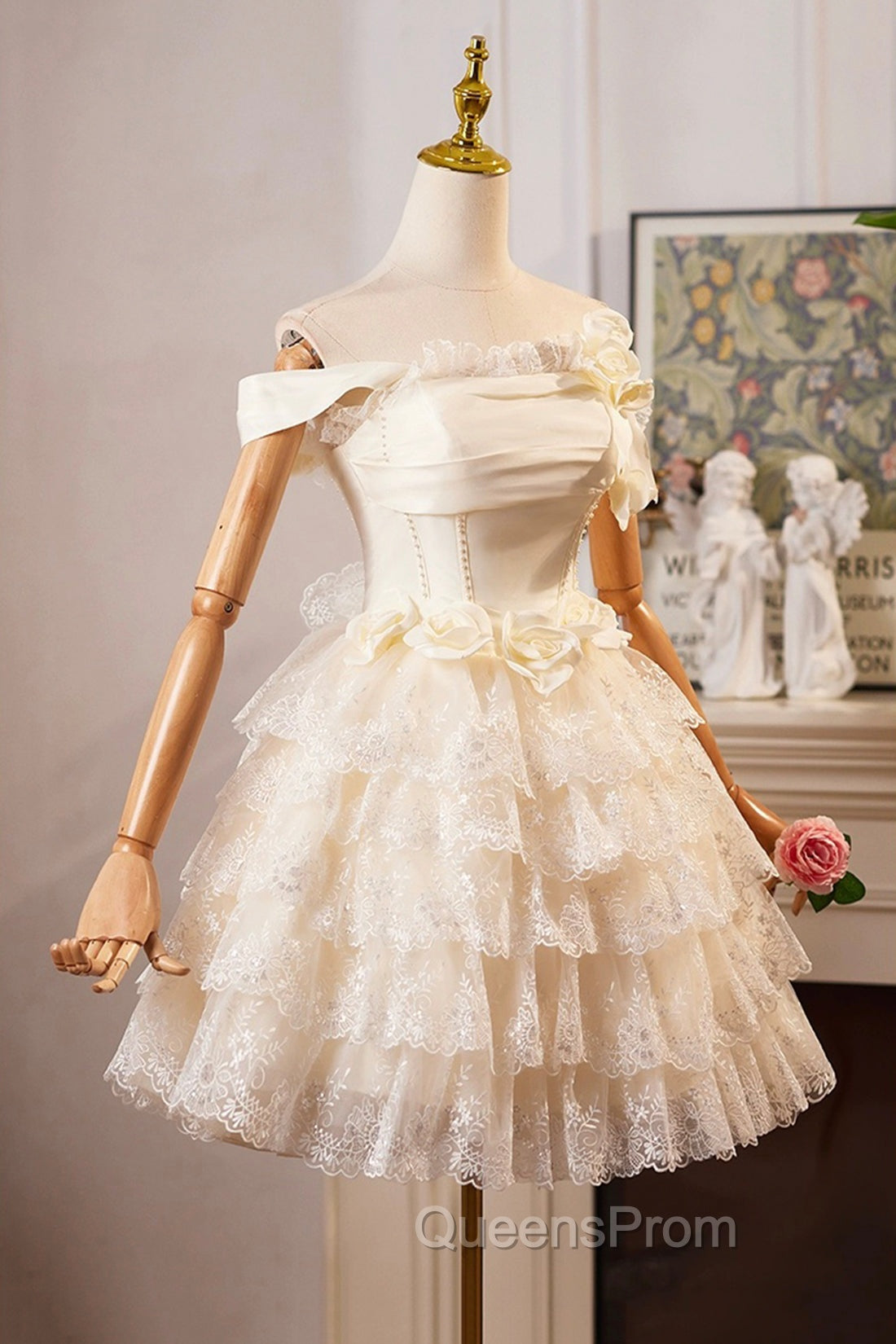 Champagne Tulle Lace Short Evening Prom Dress Homecoming Dress, Lovely A-Line Party Dress