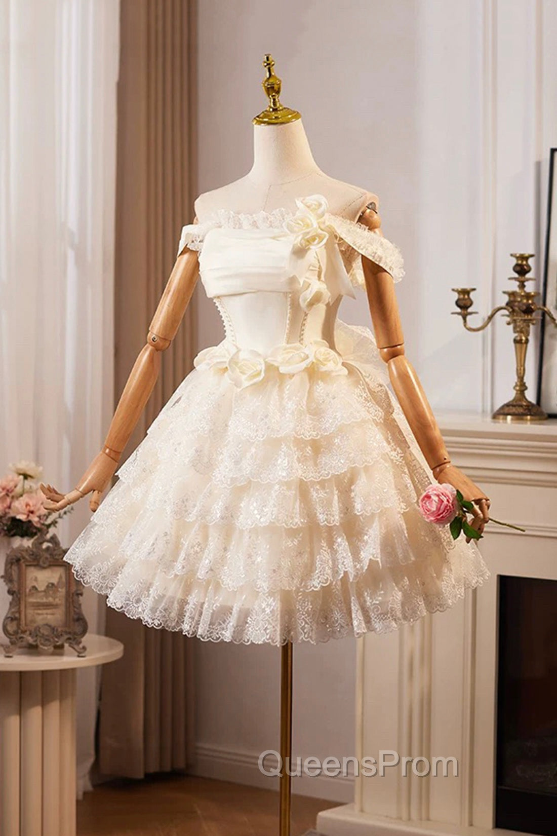 Champagne Tulle Lace Short Evening Prom Dress Homecoming Dress, Lovely A-Line Party Dress