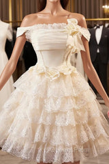 Champagne Tulle Lace Short Evening Prom Dress Homecoming Dress, Lovely A-Line Party Dress