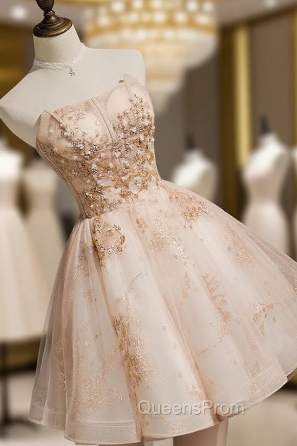 Champagne Tulle Lace Short Evening Prom Dress, Puffy Champagne Homecoming Dress Secondary image