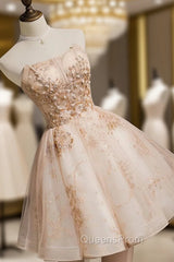 Champagne Tulle Lace Short Evening Prom Dress, Puffy Champagne Homecoming Dress