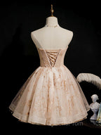 Champagne Tulle Lace Short Evening Prom Dress, Puffy Champagne Homecoming Dress