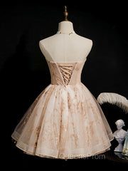 Champagne Tulle Lace Short Evening Prom Dress, Puffy Champagne Homecoming Dress