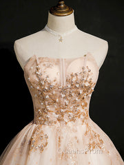 Champagne Tulle Lace Short Evening Prom Dress, Puffy Champagne Homecoming Dress