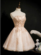 Champagne Tulle Lace Short Evening Prom Dress, Puffy Champagne Homecoming Dress