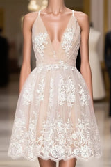 Champagne Tulle Lace Spaghetti Straps Homecoming Dress