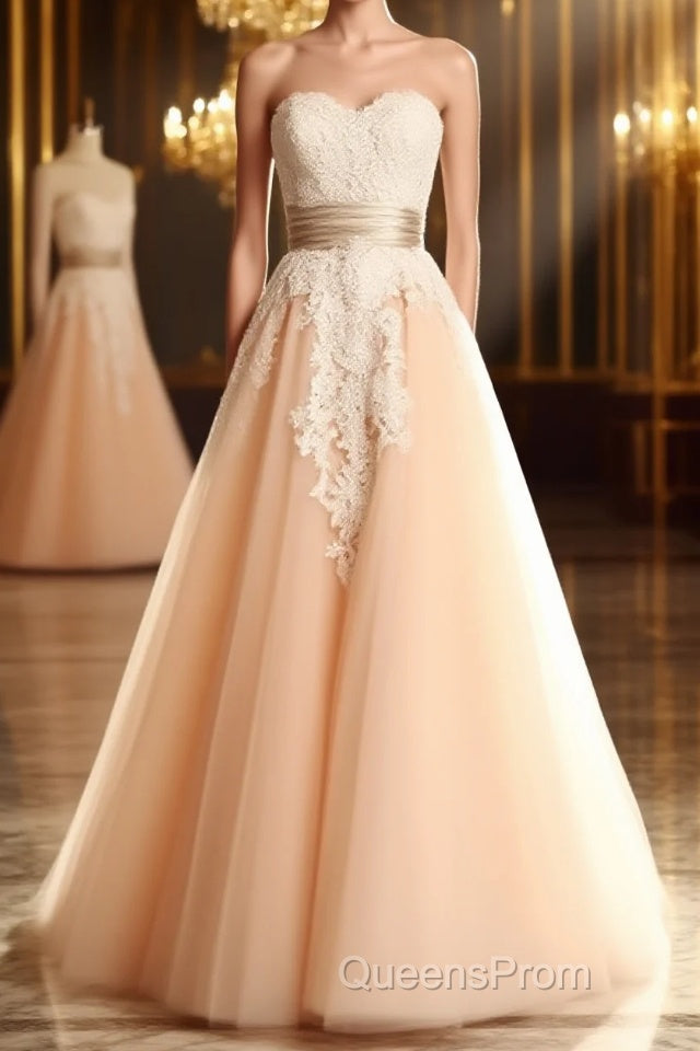 Champagne Tulle Lace Tea Pearl Evening Prom Dress, Lace Wedding Dress Main image