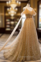 Champagne Tulle Lace V-neckline Beaded Unique Floor Length Party Dress, New Evening Prom Dress Evening Dress