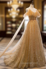 Champagne Tulle Lace V-neckline Beaded Unique Floor Length Party Dress, New Evening Prom Dress Evening Dress