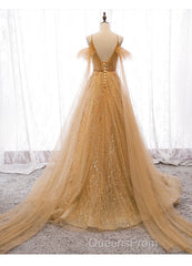 Champagne Tulle Lace V-neckline Beaded Unique Floor Length Party Dress, New Evening Prom Dress Evening Dress