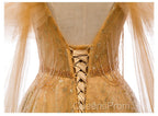 Champagne Tulle Lace V-neckline Beaded Unique Floor Length Party Dress, New Evening Prom Dress Evening Dress