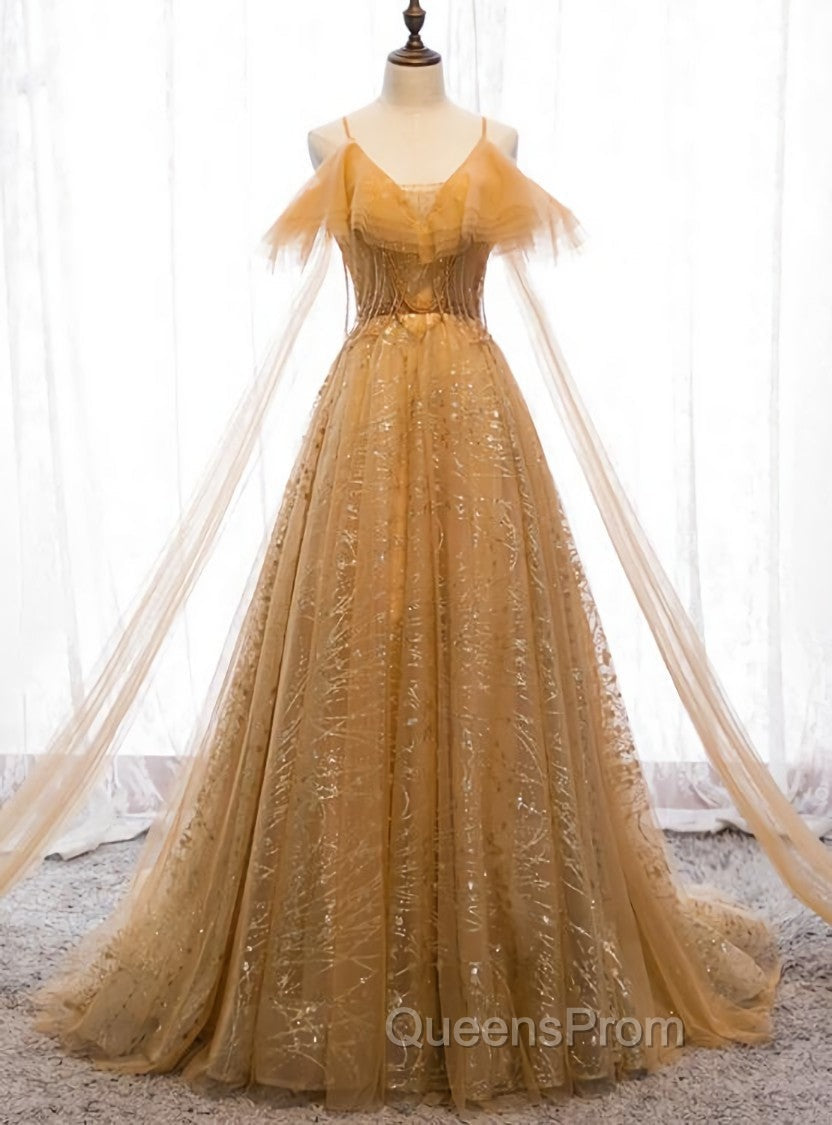 Champagne Tulle Lace V-neckline Beaded Unique Floor Length Party Dress, New Evening Prom Dress Evening Dress Main image