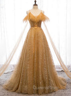 Champagne Tulle Lace V-neckline Beaded Unique Floor Length Party Dress, New Evening Prom Dress Evening Dress