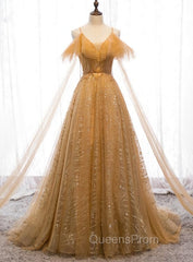 Champagne Tulle Lace V-neckline Beaded Unique Floor Length Party Dress, New Evening Prom Dress Evening Dress