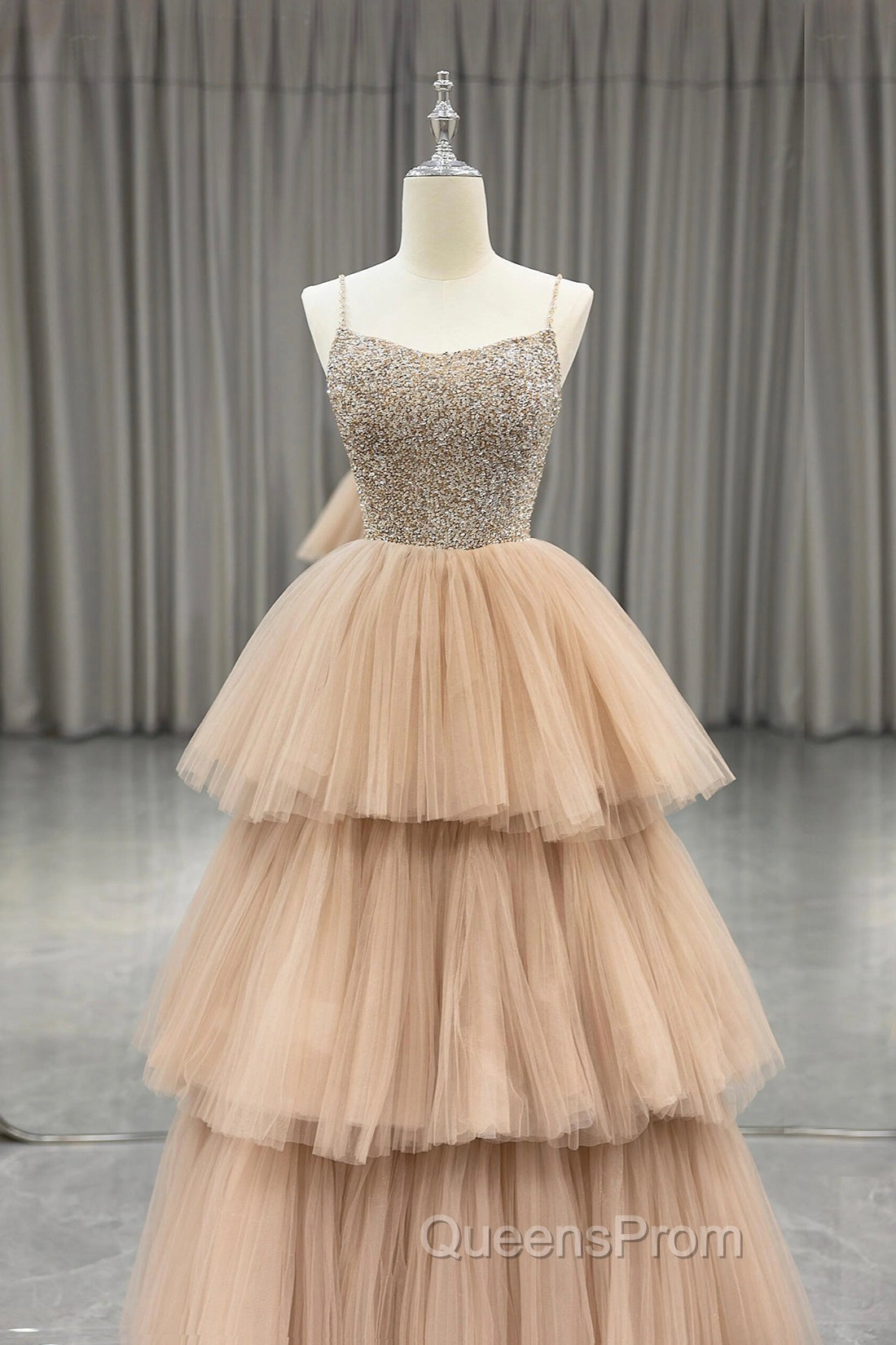 Champagne Tulle Layers Long A-Line Evening Prom Dress, Spaghetti Strap Beaded Evening Dress Secondary image