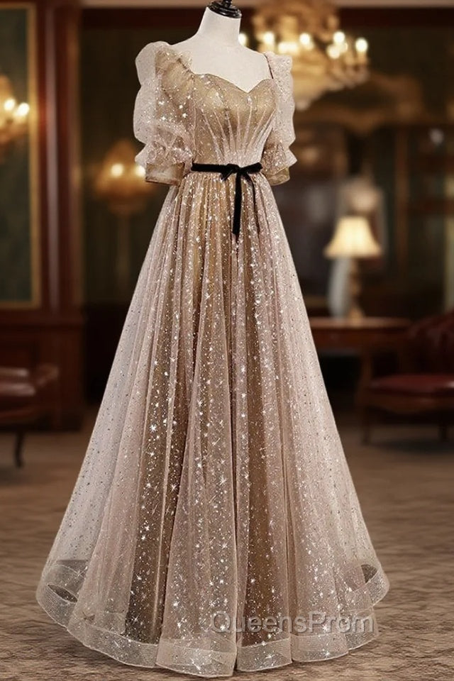 Champagne Tulle Long Party Dress, Short Sleeves A-line Evening Dress Evening Dress Secondary image