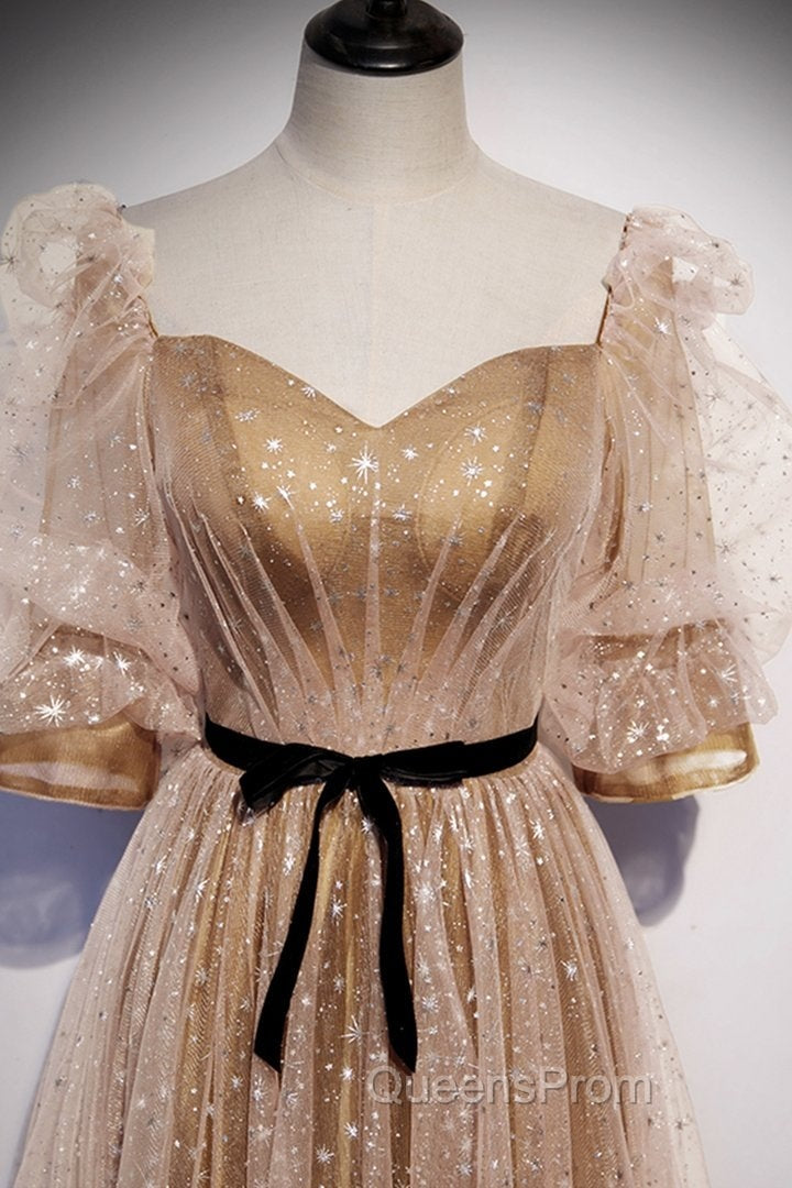 Champagne Tulle Long Party Dress, Short Sleeves A-line Evening Dress Evening Dress