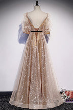 Champagne Tulle Long Party Dress, Short Sleeves A-line Evening Dress Evening Dress