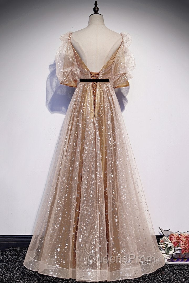 Champagne Tulle Long Party Dress, Short Sleeves A-line Evening Dress Evening Dress