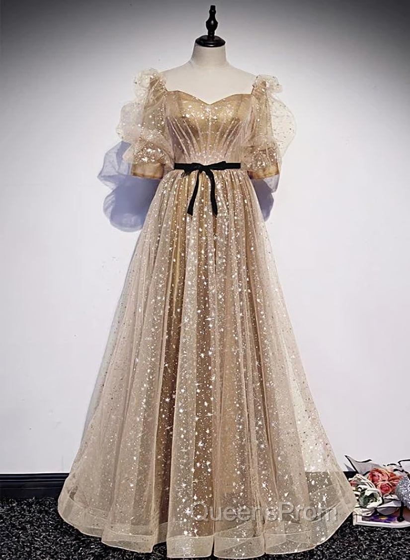 Champagne Tulle Long Party Dress, Short Sleeves A-line Evening Dress Evening Dress Main image