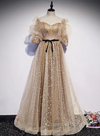 Champagne Tulle Long Party Dress, Short Sleeves A-line Evening Dress Evening Dress