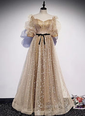 Champagne Tulle Long Party Dress, Short Sleeves A-line Evening Dress Evening Dress