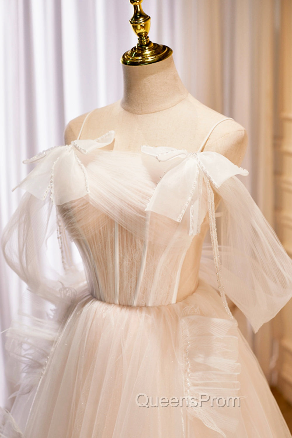 Champagne Tulle Long Evening Prom Dress, Spaghetti Strap Evening Dress with Bow Secondary image