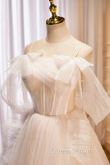 Champagne Tulle Long Evening Prom Dress, Spaghetti Strap Evening Dress with Bow