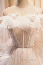Champagne Tulle Long Evening Prom Dress, Spaghetti Strap Evening Dress with Bow