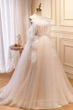 Champagne Tulle Long Evening Prom Dress, Spaghetti Strap Evening Dress with Bow