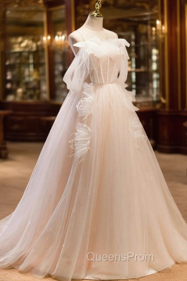 Champagne Tulle Long Evening Prom Dress, Spaghetti Strap Evening Dress with Bow