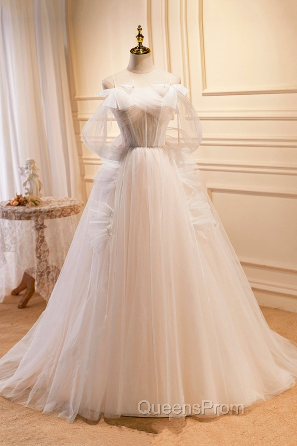 Champagne Tulle Long Evening Prom Dress, Spaghetti Strap Evening Dress with Bow Main image