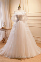 Champagne Tulle Long Evening Prom Dress, Spaghetti Strap Evening Dress with Bow