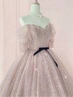 Champagne tulle long prom dress, tulle long evening dress