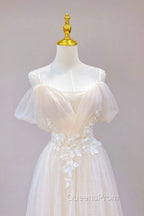 Champagne Tulle Long Evening Prom Dress with Lace, Off the Shoulder Evening Dress