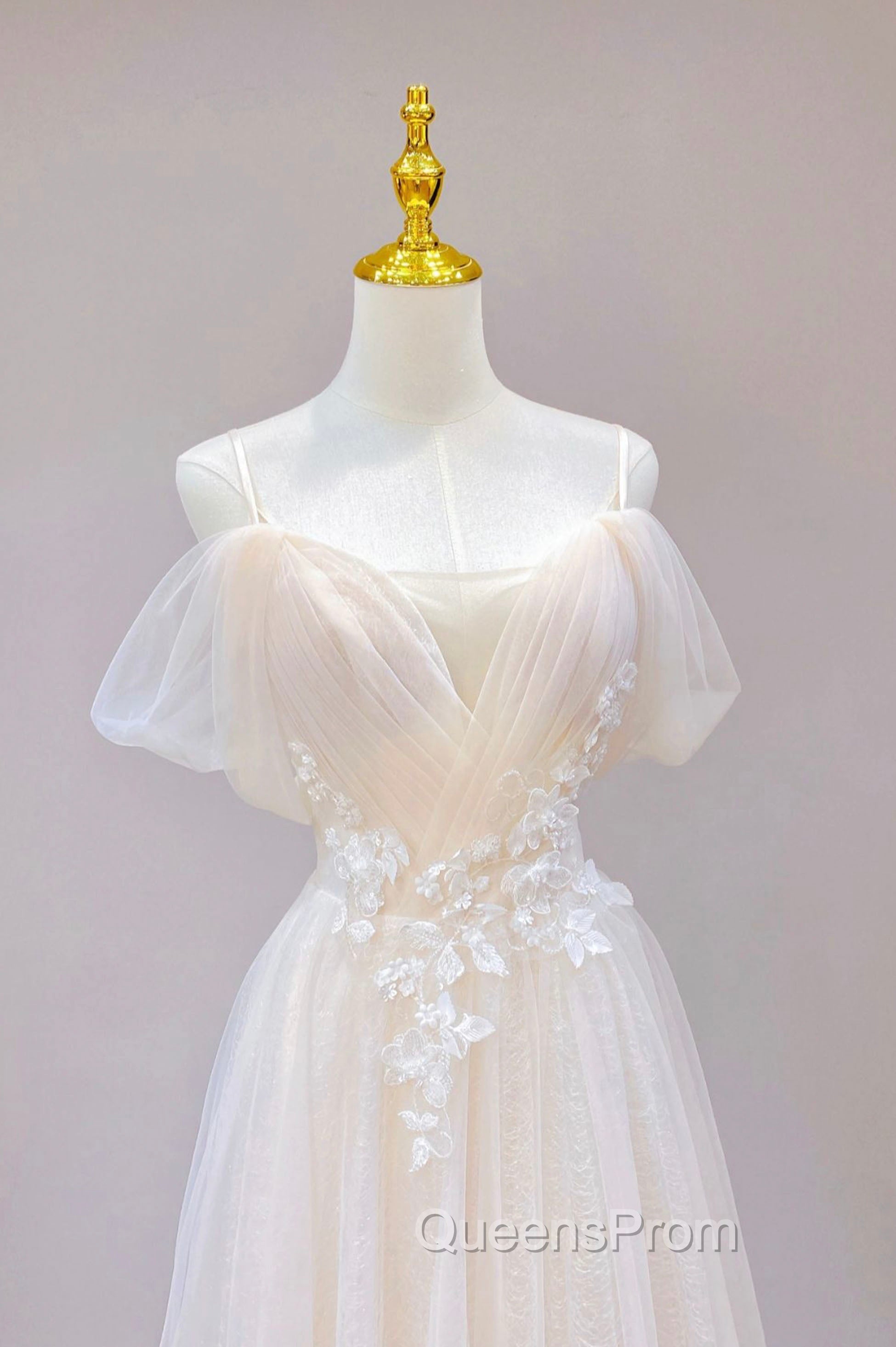 Champagne Tulle Long Evening Prom Dress with Lace, Off the Shoulder Evening Dress