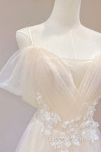 Champagne Tulle Long Evening Prom Dress with Lace, Off the Shoulder Evening Dress