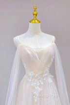Champagne Tulle Long Evening Prom Dress with Lace, Off the Shoulder Evening Dress