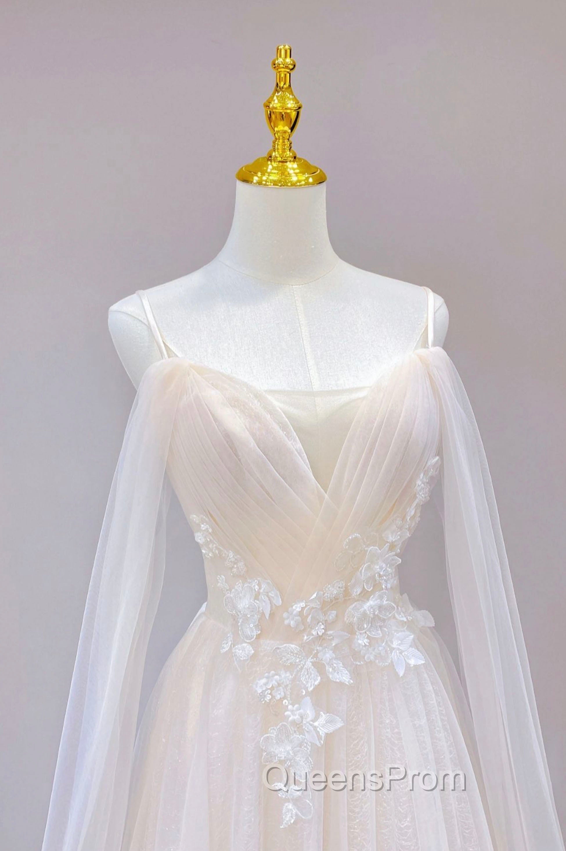Champagne Tulle Long Evening Prom Dress with Lace, Off the Shoulder Evening Dress