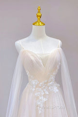 Champagne Tulle Long Evening Prom Dress with Lace, Off the Shoulder Evening Dress