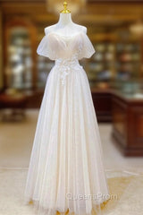 Champagne Tulle Long Evening Prom Dress with Lace, Off the Shoulder Evening Dress