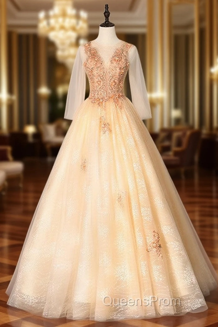 Champagne Tulle Long Sleeve Appliques Beading Quinceanera Dress