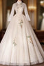 Champagne Tulle Long Sleeve Appliques Quinceanera Dress