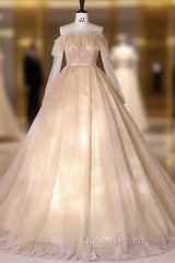 Champagne Tulle Long Sleeve Beading Quinceanera Dress