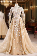 Champagne Tulle Long Sleeve Nude Color Tulle Crystal Royal Party Dress