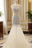 Champagne Tulle Mermaid Tulle Scoop Beaded Evening Prom Dress