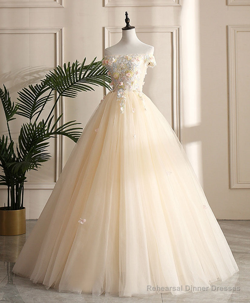 Champagne Tulle Off Shoulder Lace Long Prom Dress ,Sweet 16 Dress Main image
