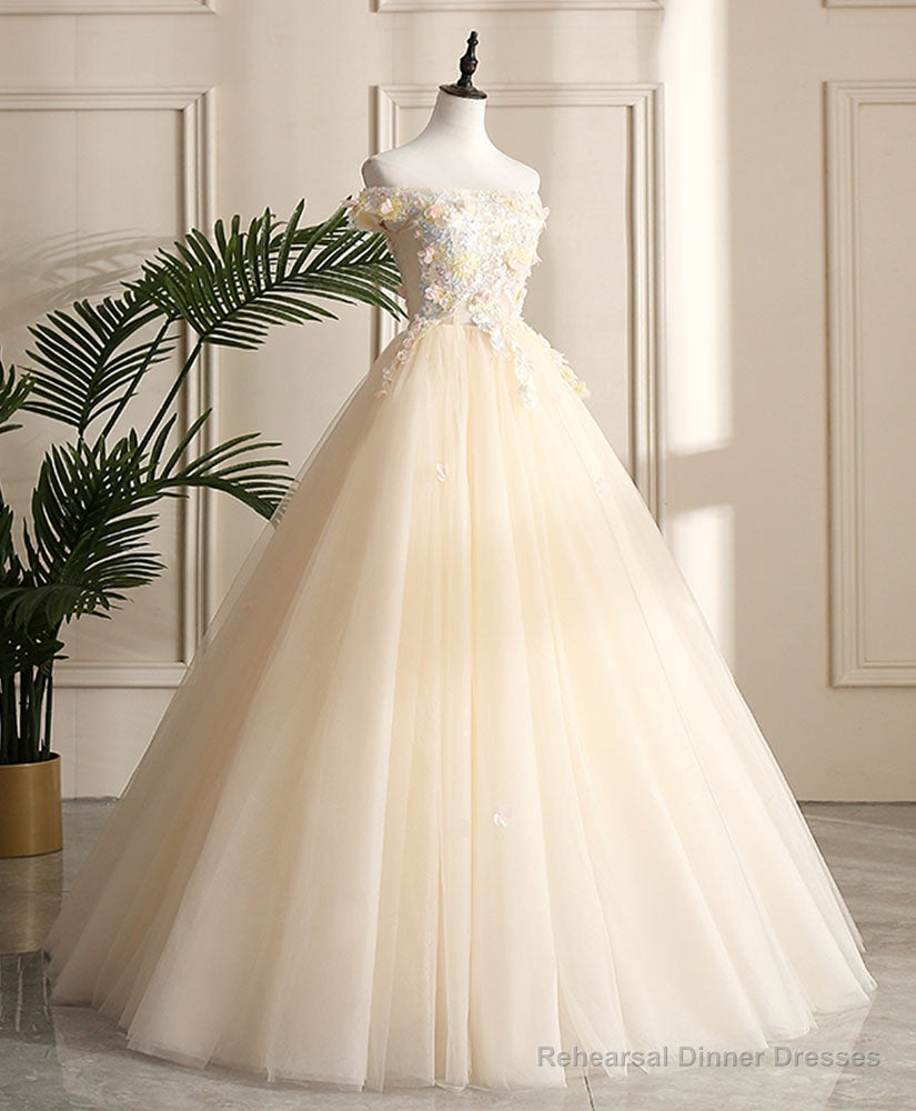 Champagne Tulle Off Shoulder Lace Long Prom Dress ,Sweet 16 Dress